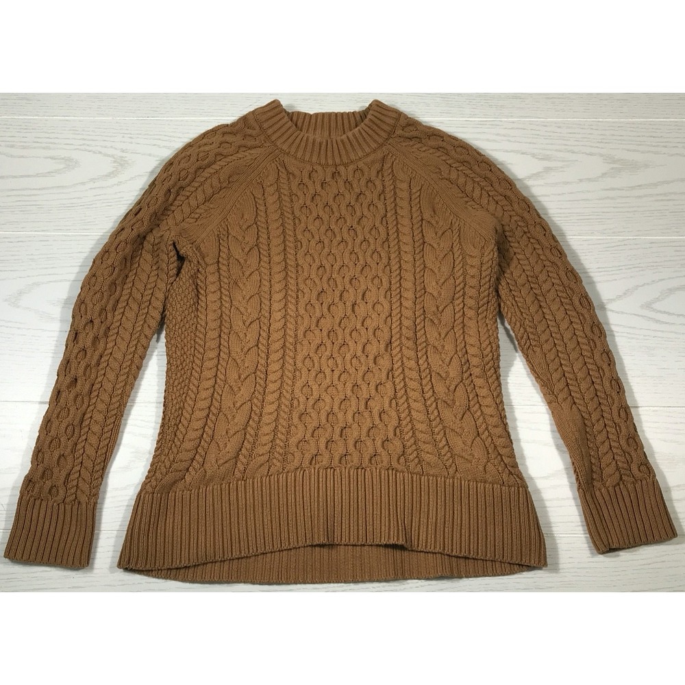 J.Crew Cable Knit Fisherman Sweater Women XS Brown Crewneck Preppy Fall Casual